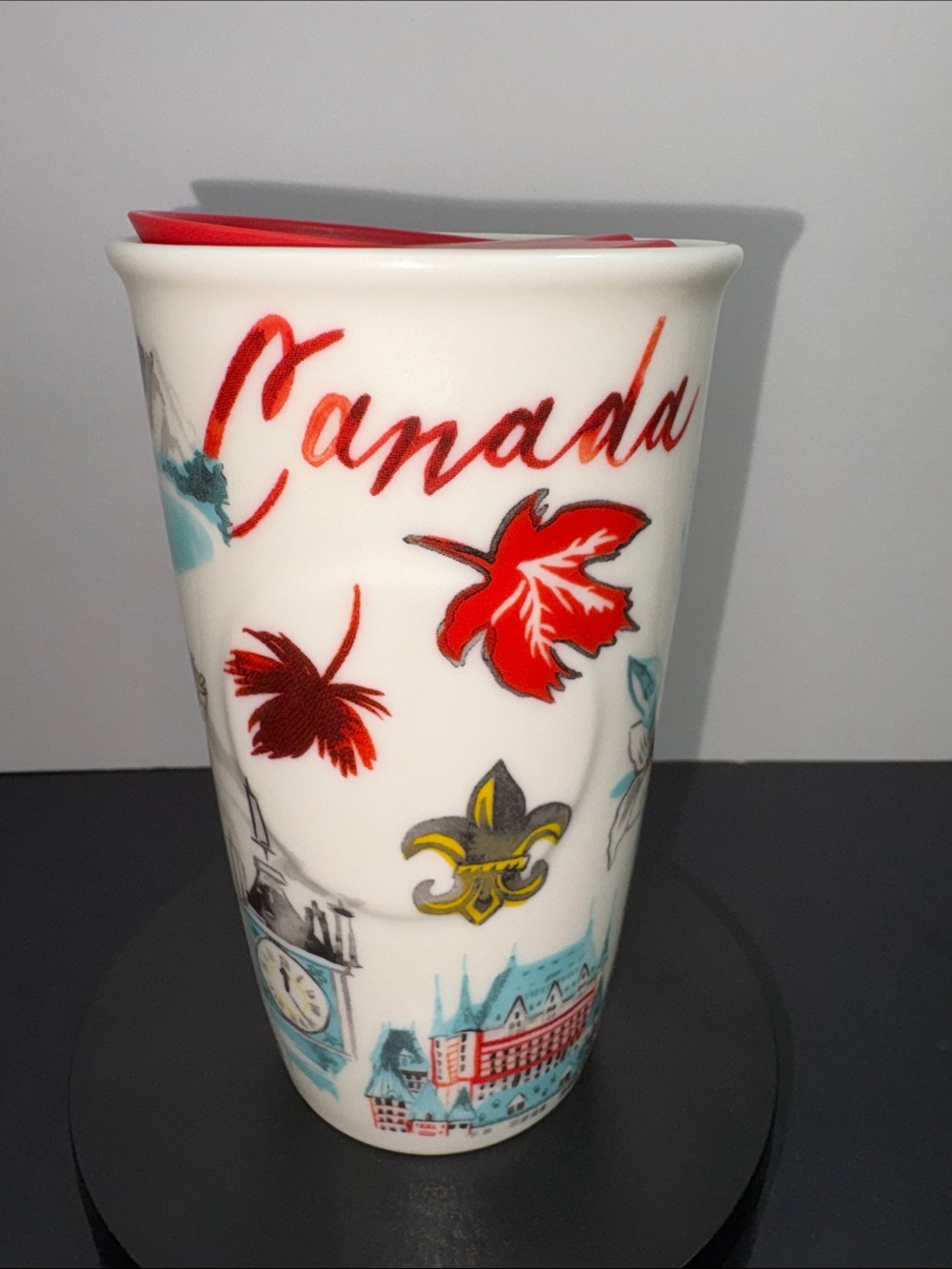 Starbucks Canada Tumbler 2016 Ceramic Plastic Red Lid 10 ounces
